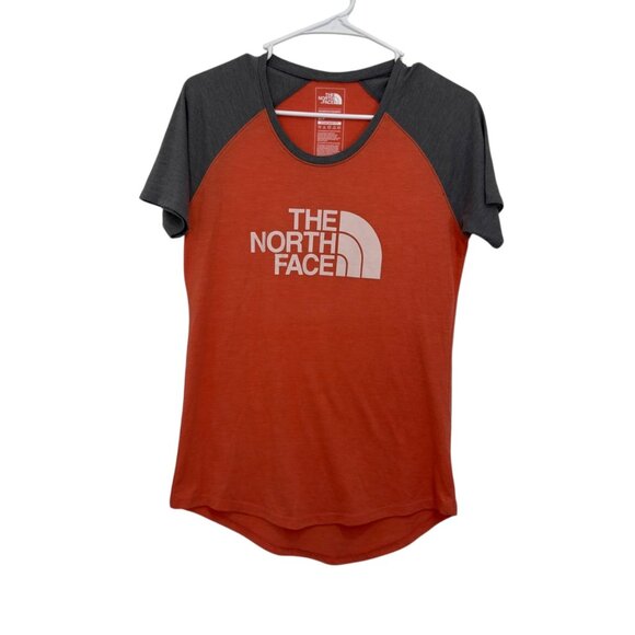 The North Face Womens Orange & Gray Raglan Short Sleeve Logo T-Shirt SZ Small - Picture 4 of 7